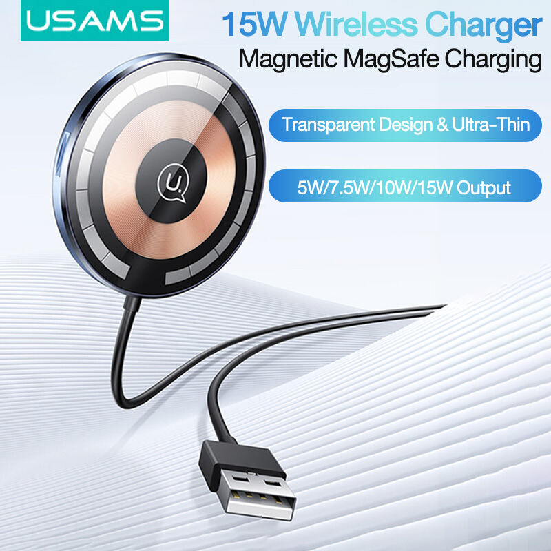 USAMS Magnetic Wireless Charger 15W Magsafe Charge+Car Phone Holder Transparent Design Ultra-Thin PD Fast Charging For iP/Xiaomi /Samsung / Oppo / Vivo / Huawei/Sony