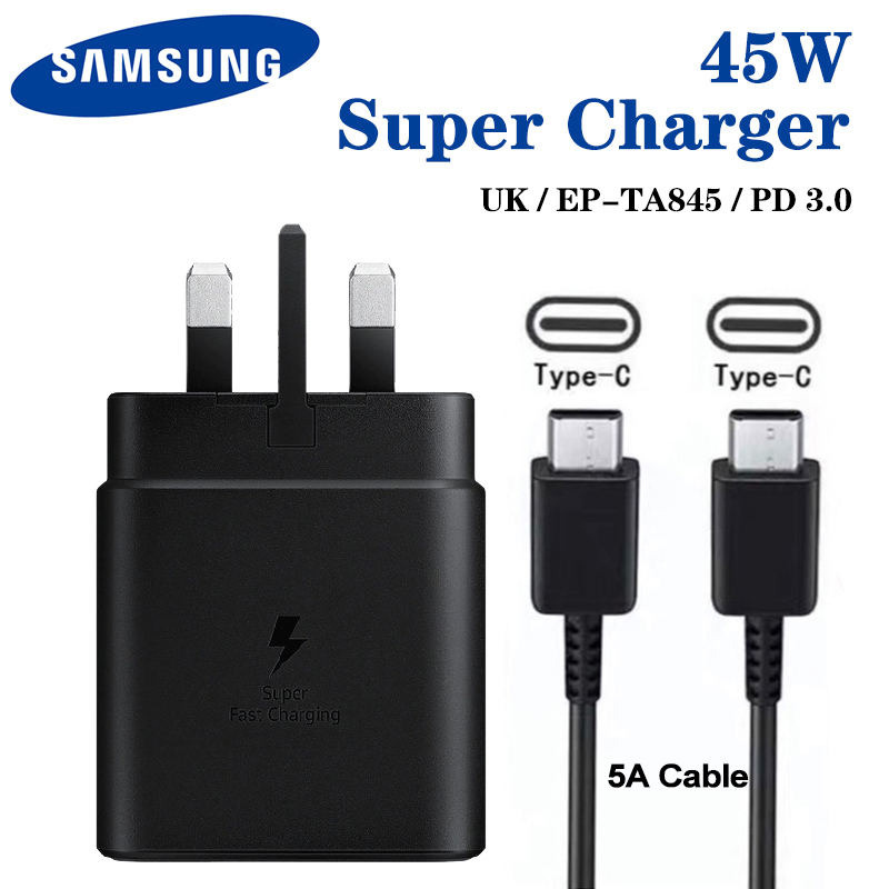 Samsung 45W Travel Adaptor + 5A Super Fast Charging PD 3.0 Fast Charger Type-C UK Plug Charger + Data Cable Charging Suite Wall Adapter For Galaxy S22 Ultra S21 FE S20 Plus Note 20 10 10+ A91 A90 A81 