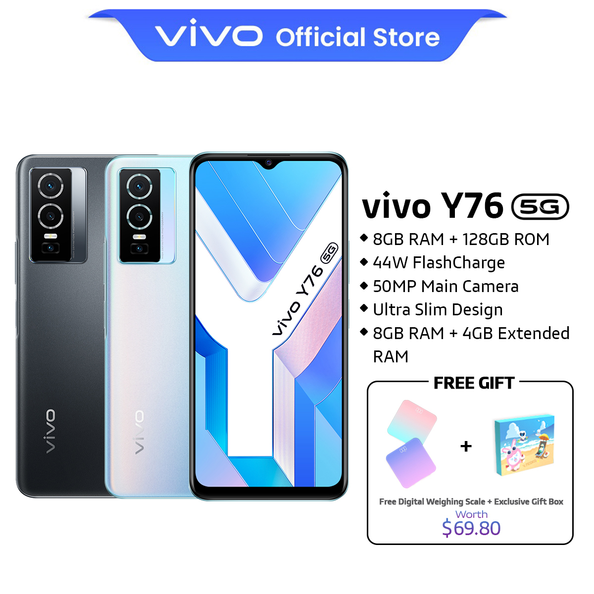 vivo Y76 5G [8GB+4gb/128GB] | 44W Flash Charge | 50MP AI Triple Camera | Ultra Game Mode2.0 | 7.79mm Ultra Slim Design 【2 YEARS WARRANTY】