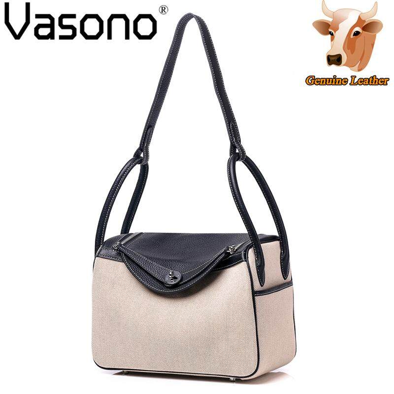 Vasono High Quality Top Grain Genuine Cow Leather + Cloth Women Top-Handle Bag Lady Single Shoulder Bag