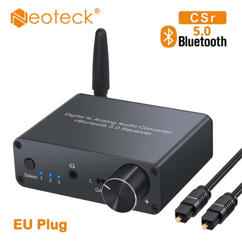 Neoteck 192kHz Built-in Bluetooth 5.0 Receiver Coaxial Toslink Digital to Analog Converter with Headphone Amplifier