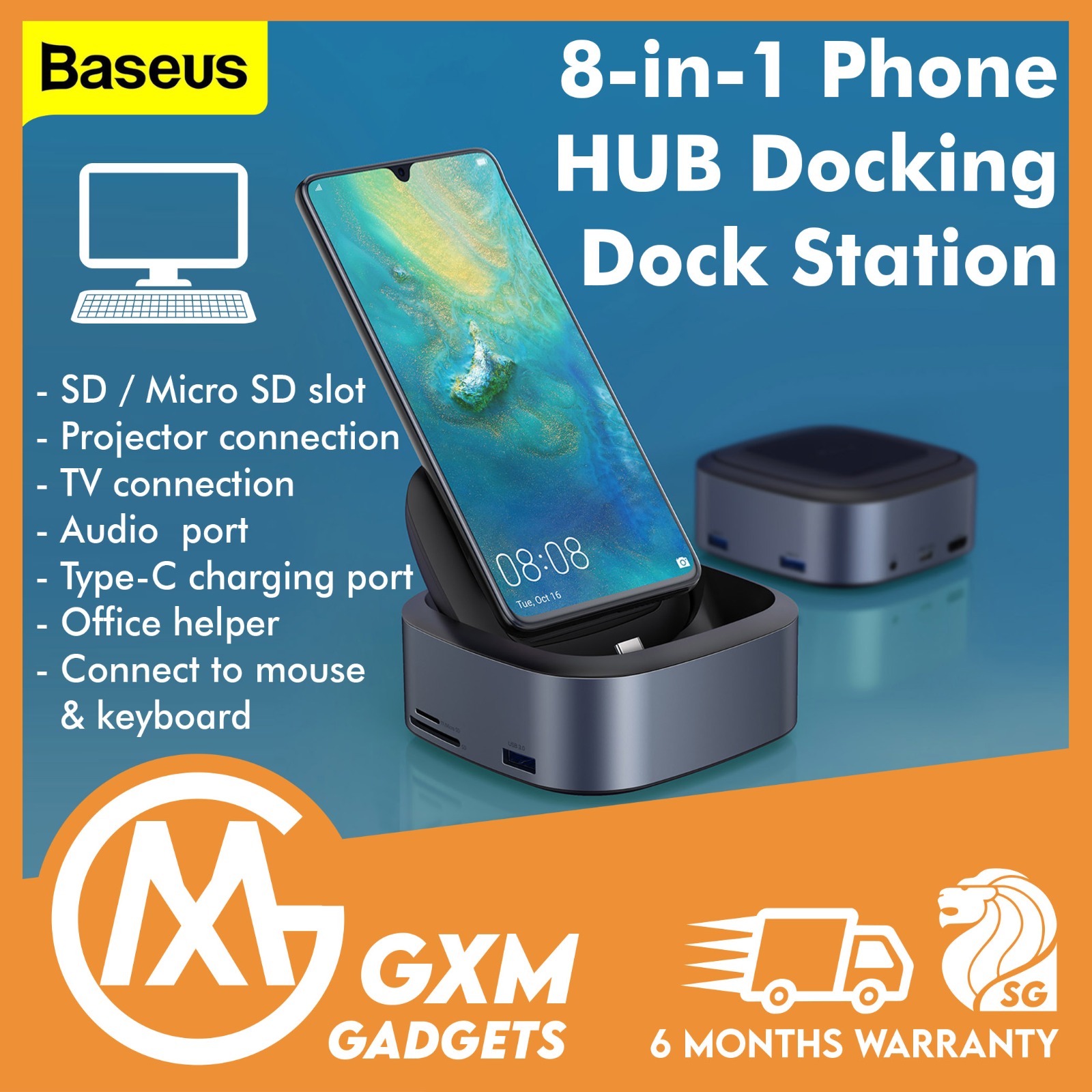 Baseus 8 in 1 Mate Docking Station Mobile Phone Type C USB C HDMI 3 USB Port 3.5mm SD Card Reader PD 49W Mobile Phone Projection Dock Splitter Hub